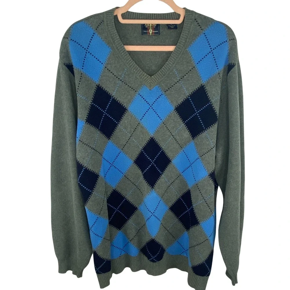 ARROW Argyle Sweater‎ Mens L Gray Blue V Neck Cotton Knit Preppy Golf Old Money